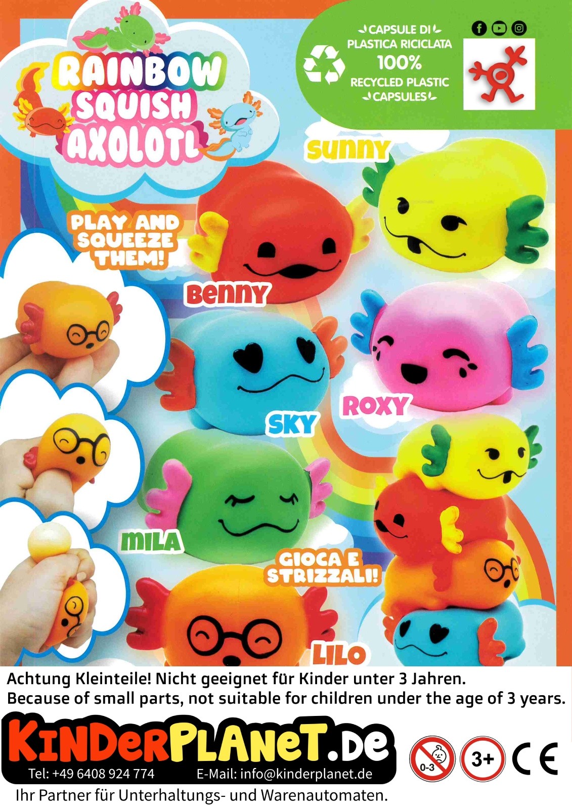 Regenbogen Squishy Axolotl in 65mm Kapsel